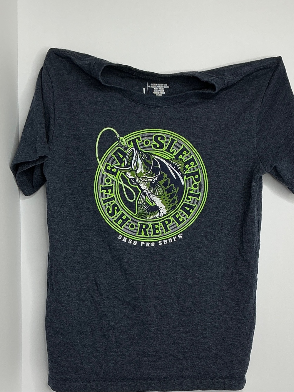 Bass Pro Shops Dark Navy blue Tee with Neon Green Fish Graphic